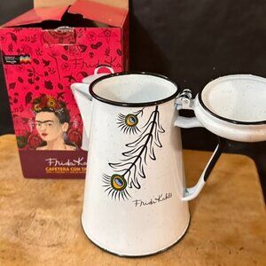 Frida Kahlo Santa Anita Enamelware Coffee Pot 2L White Peacock Feathers NEW